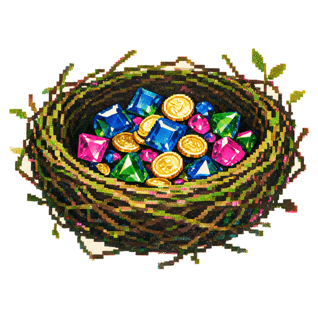 A nest of twigs filled with cut gems and gold coins.